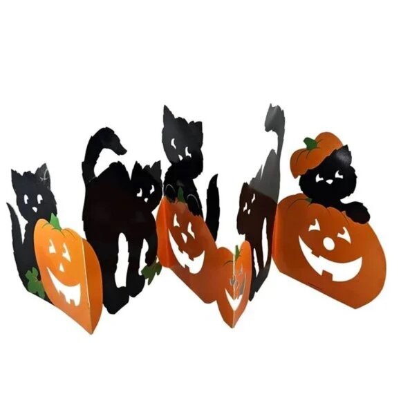 Vintage NWT NOS 46"x11" Hallmark Halloween Cat Pumpkin JOL Table Mantel Die Cut - Picture 1 of 9